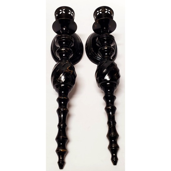 India Import Other - VTG Sconces Gothic Wall Pair Black & Gold India Pierced Votives Oval Back Plates